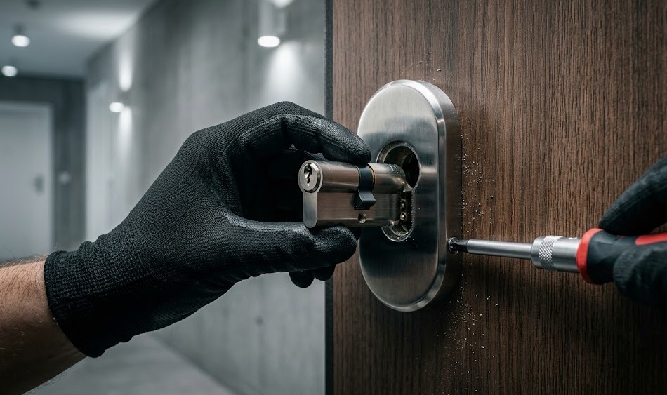 Especialista Cerrajero Lezkairu instalando cerradura anti-bumping de alta seguridad en un piso de obra nueva en Pamplona